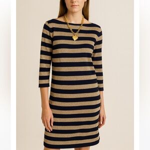 Lauren Ralph Lauren Metallic Stripe Knit Sheath Dress Navy Gold 3/4 Sleeve Wms M